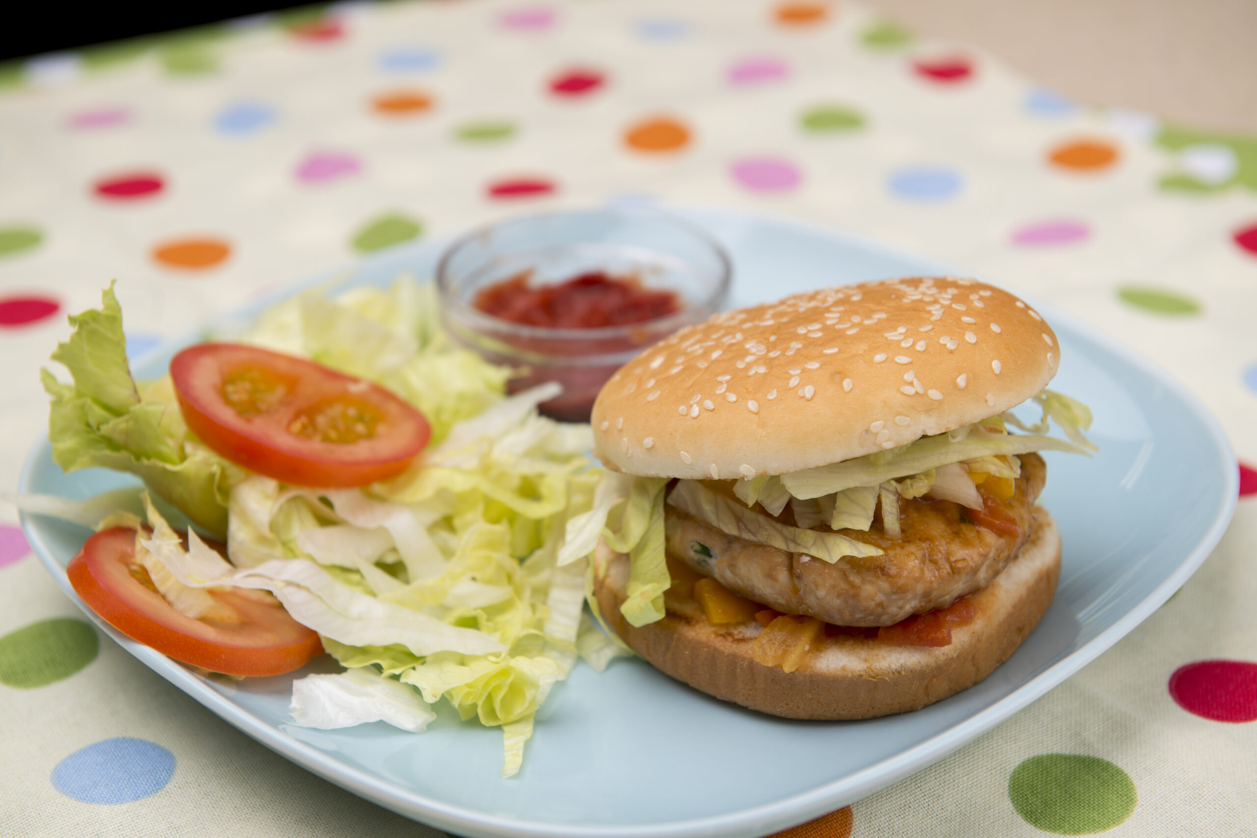Sesame chicken and spicy salsa burger Feeding Hong Kong